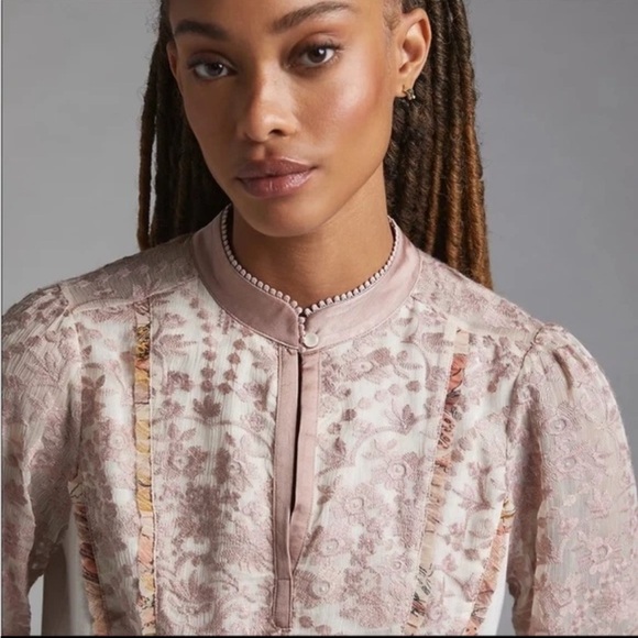 Tiny by Anthropologie Pink Ruffle Embroidered Blouse Forest Fairy Floral Holiday - Picture 2 of 9